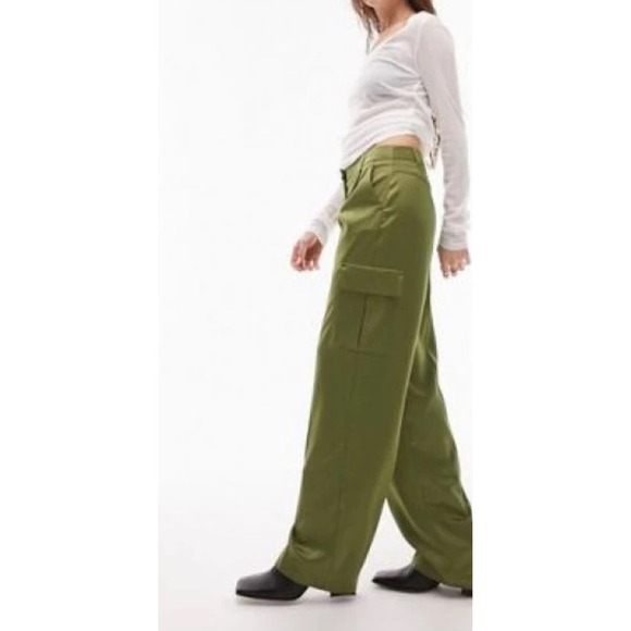 Topshop Olive Green‎ Satin  Cargo Pants High Waist Wide Leg Trousers US 4 - Picture 1 of 8